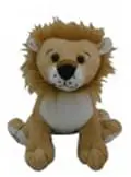A stuffed lion is sitting down and looking at the camera.